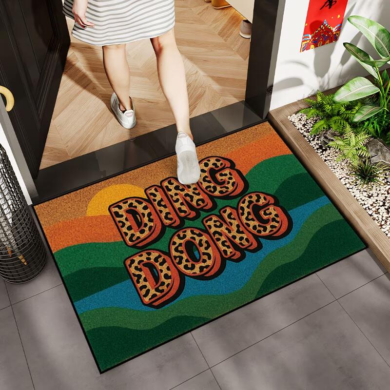 Retro Letter Floor Mat Ding‑Dong Leopard Print Wave Sunset Pattern Anti‑Slip Washable Doormat Entryway Porch Home Decor