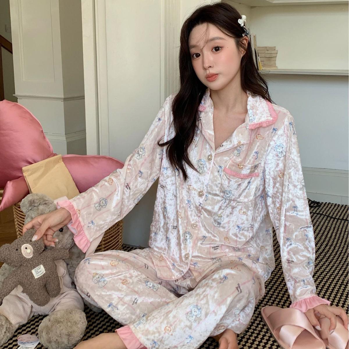 Осенне-зимняя женская пижама из золотого велюра - розовая кружевная полоска с расклешенным рукавом и принтом щенка L