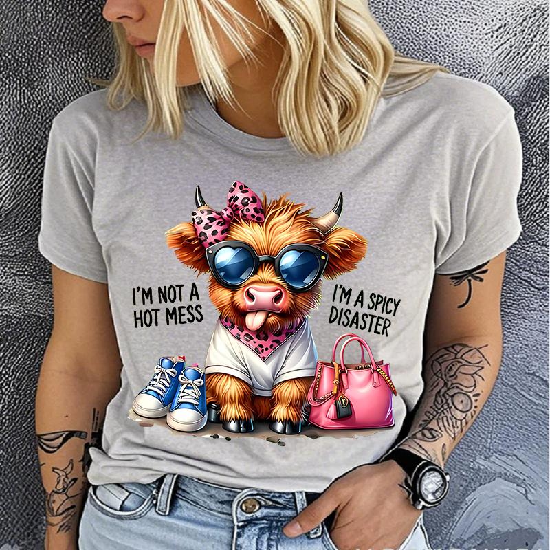 Polyester 100% Couple's Funland Cow Pattern T-shirt Print Fashion Casual Round Neck Short Sleeve Top for Stylish Comfort  Summer