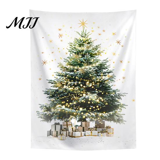 Indoor Holiday Wall Art Merry Christmas Tapestry, Hanging Fabric Backdrop, Xmas Tree Winter Seasonal Room Ornament for Living Room, Bedroom