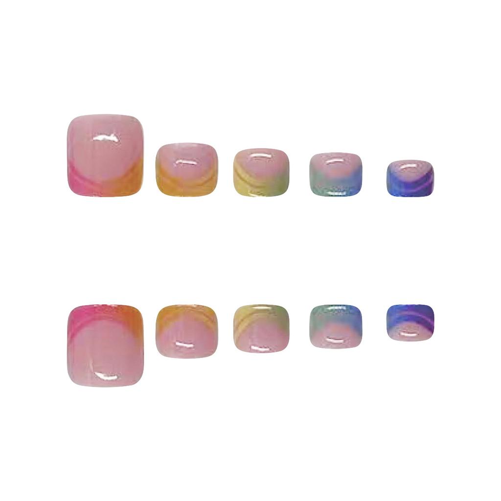Summer French Gradient False Toe Nails Wearable Short Square Foot Nails Set Press On Nail Tips Rainbow Fake Toenails Full Cover