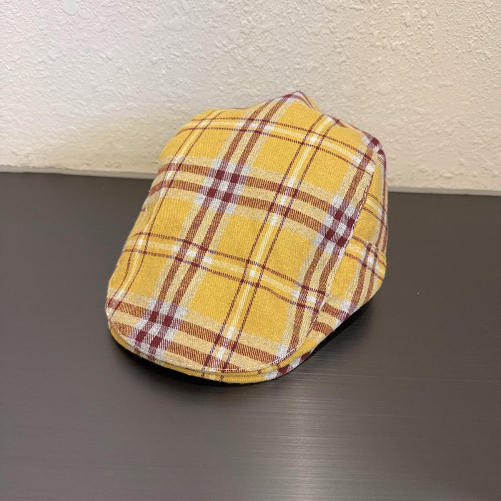 Cool Checkered Bud Caps Large Head Girth Yellow Tartan Beret Painter Hat  Clothes Accessories