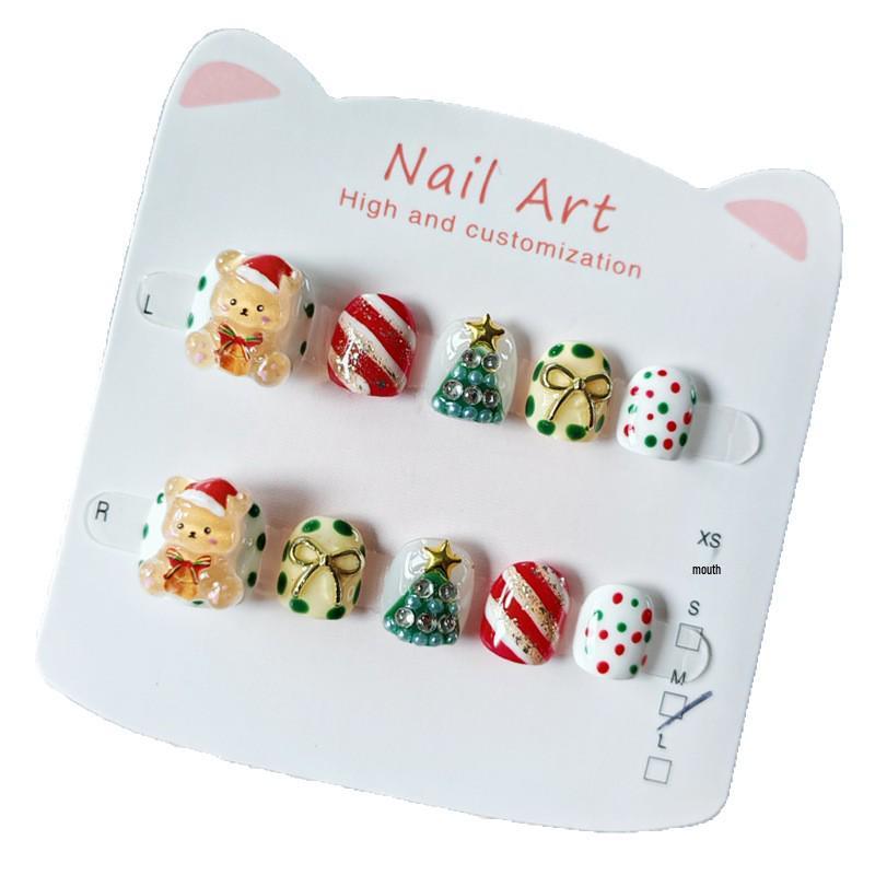Handmade Wearable Christmas Bear Nail Stickers for Kids Ages 3-12 - Cute Cartoon Design