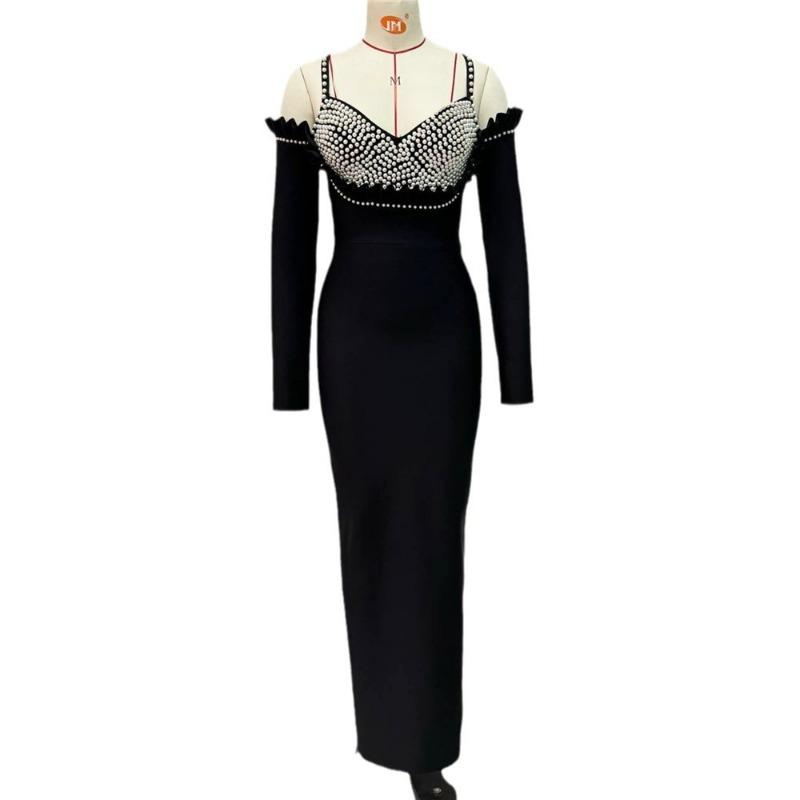 New bandage dress long sleeve v neck off-the-shoulder slip maxi dress slit dress party