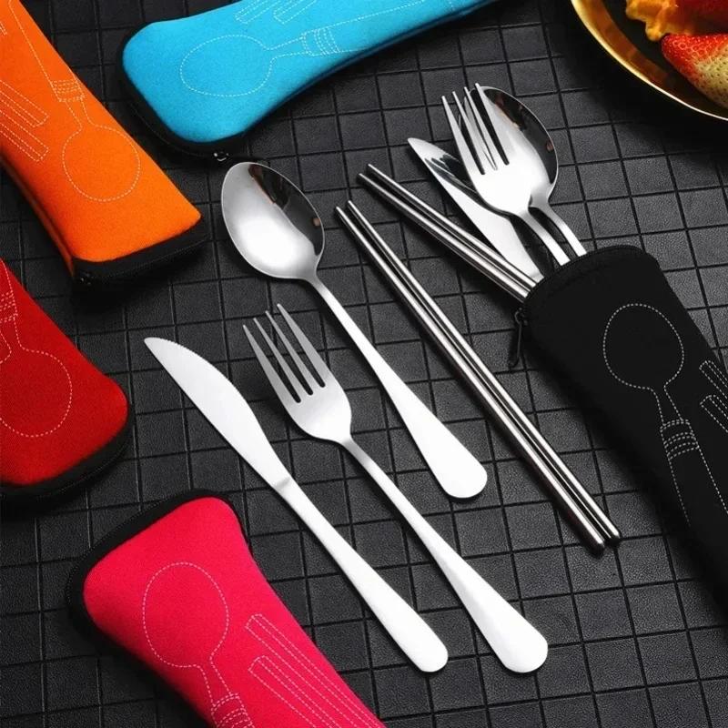 7/3Pcs Stainless Steel Western Food Steak Knife Fork Spoon Creative Cloth Bag Portable Outdoor Camping Tableware Set of Pieces