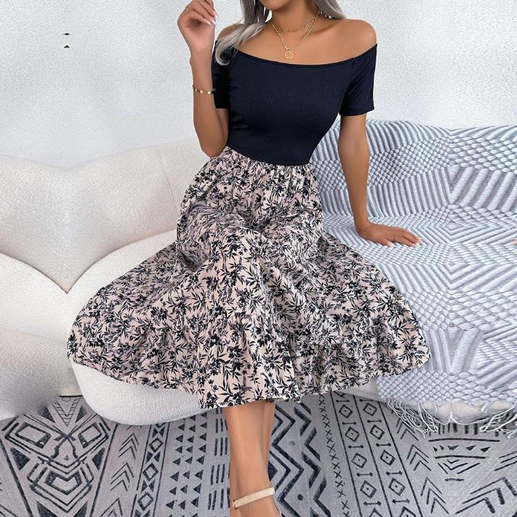 Summer Women Off Shoulder Floral Ruffled Medium Long Dress Spring