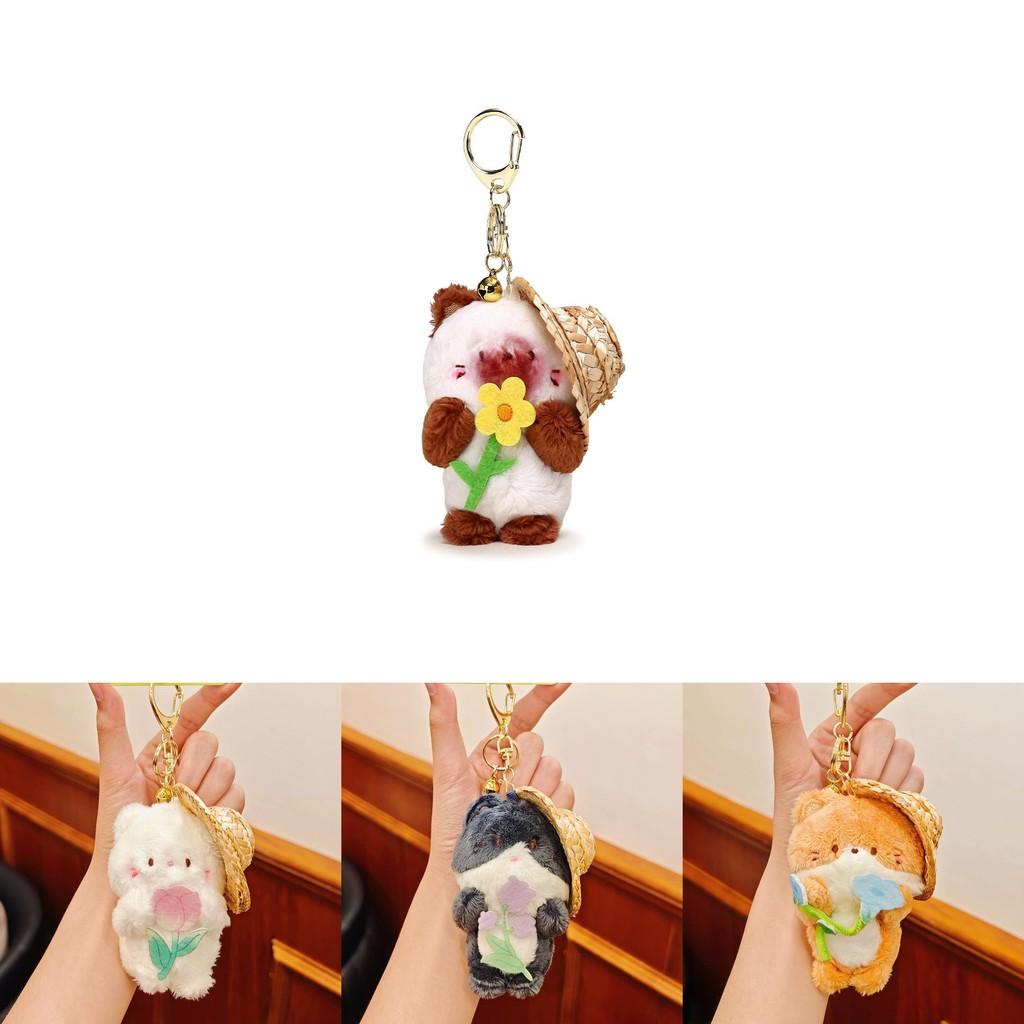 Garden Cat Plush Keychain With Straw Hat And Flower Holding Design For Cute Gift And Accessories