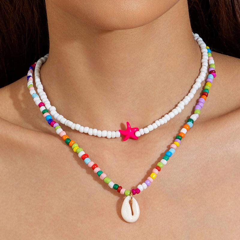 Новое богемное двухслойное ожерелье-подвеска с ракушкой и бусинами под рис, пляжное, женская цепочка на ключицу