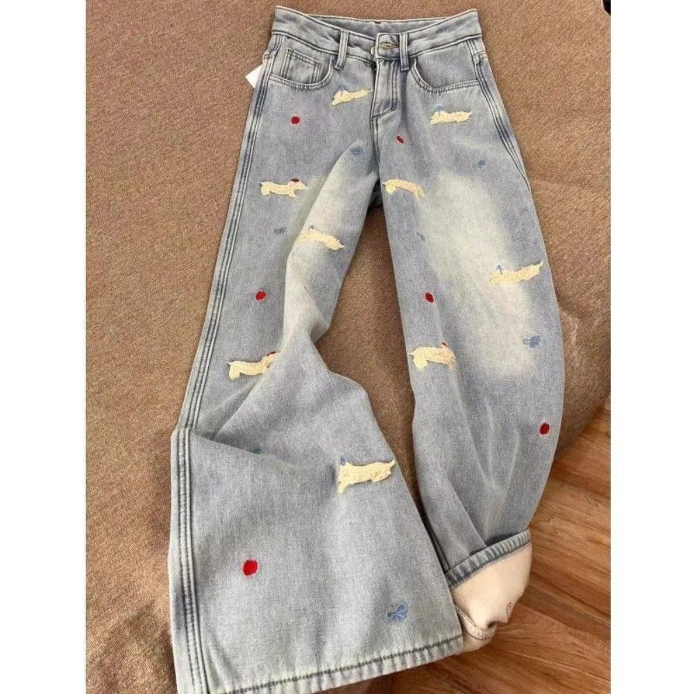 Women's High Rise Wide Leg Jeans Fleece Lined Vintage Washed Denim Loose Straight Leg Pants Dachshund Embroidery Casual Commuter Winter Denim Trousers