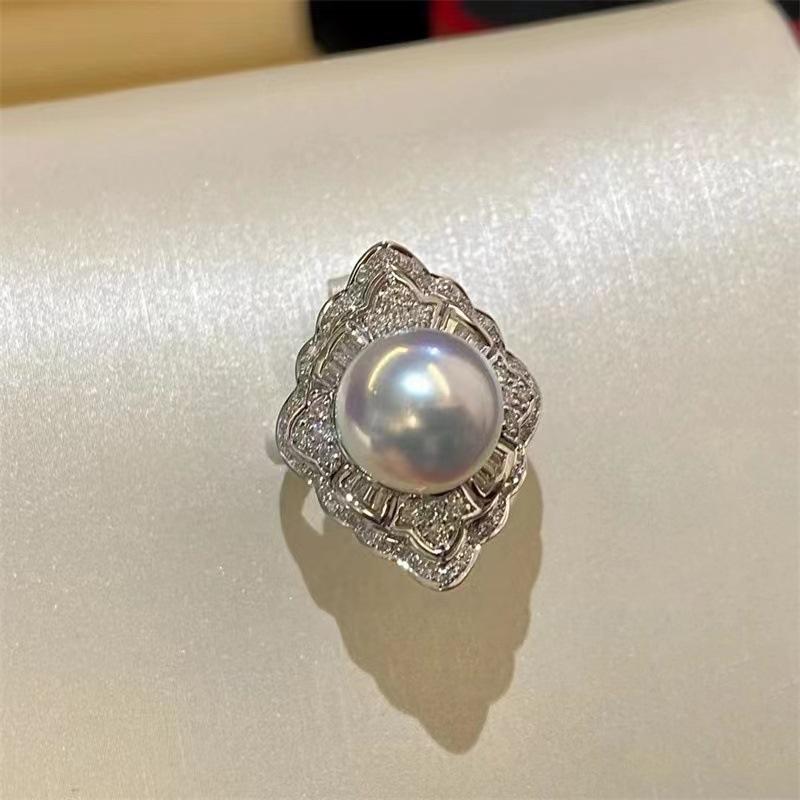 Anel de diamante de luxo com pérolas levemente incrustadas, anel feminino retrô francês de alta qualidade