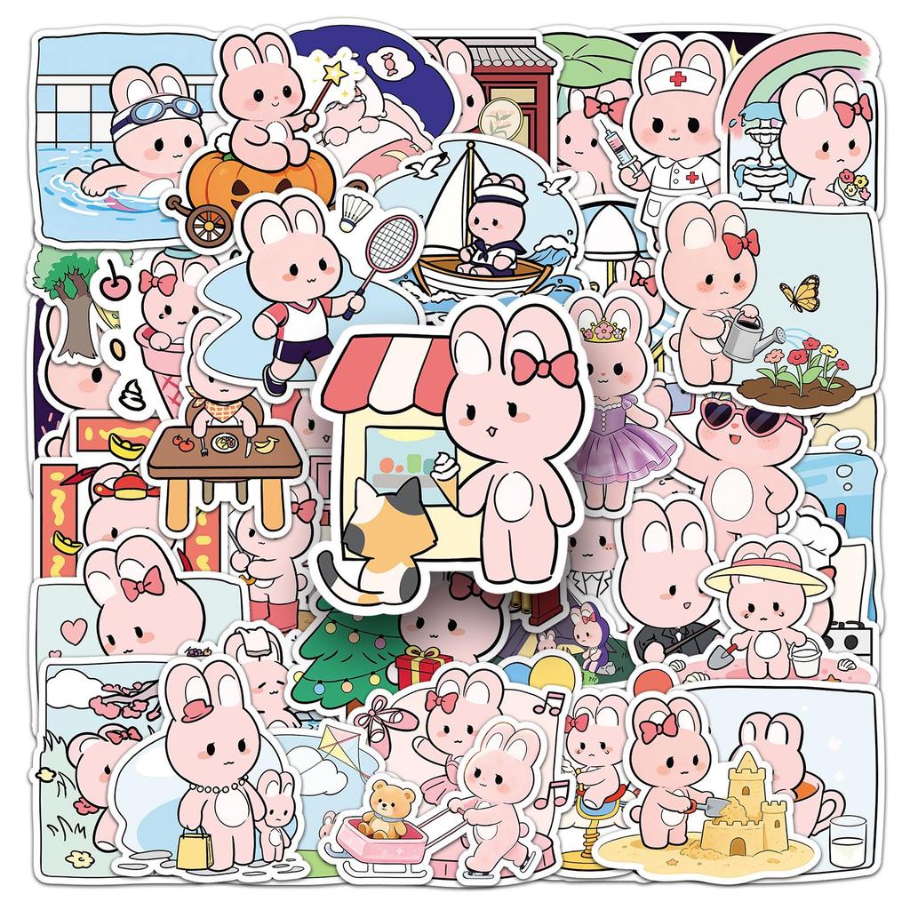 51 Cute Pink Rabbit Cartoon Stickers for Notebook, Water Bottle, and Phone Case