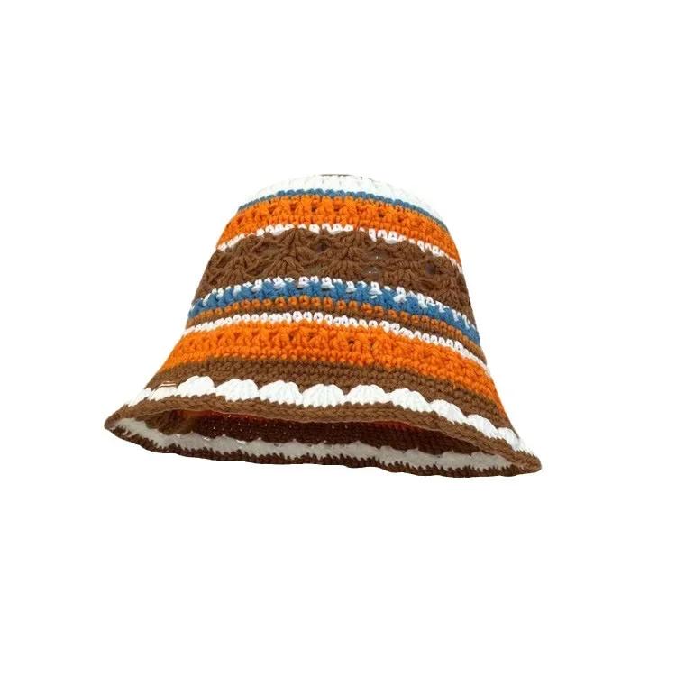 Cute Dopamine Wind Japanese Handmade Crochet Knitted Bucket Hat Rainbow Rhombus Plaid Wool Bucket Winter Basin Hat Bucket Hat