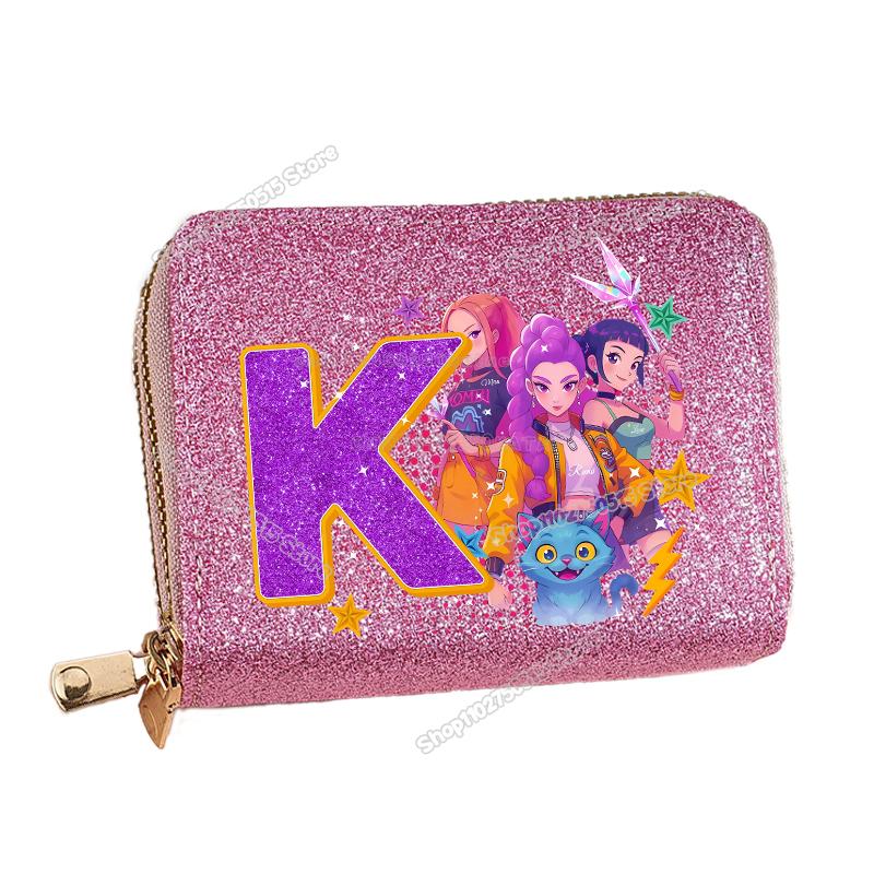 

KPop Demon Hunters Letter A-Z Women Short Wallet Bling Sequin Pu Leather Wallets Zipper Coin Purse ID Card Holder Girl Purse