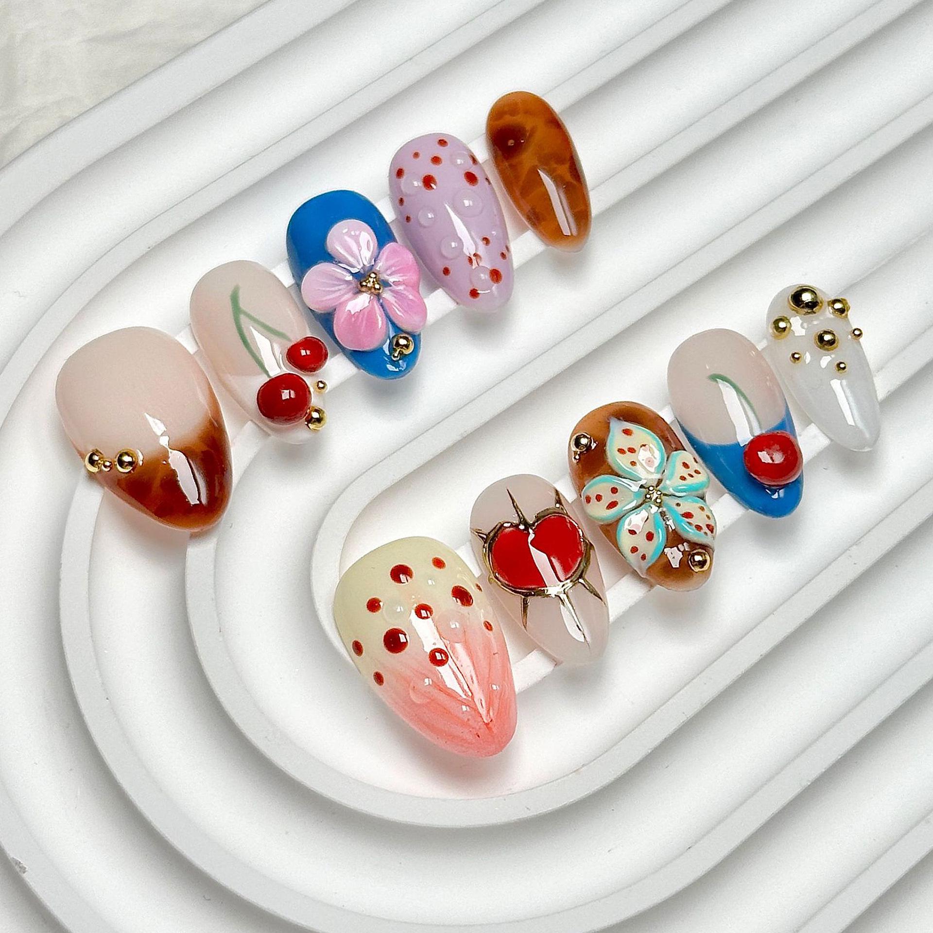 

30 Pcs Gold Foil Almond Nail Tips with 3D Flowers, Hearts, Cherries, and Leopard Print - High-grade Wearable French Nails