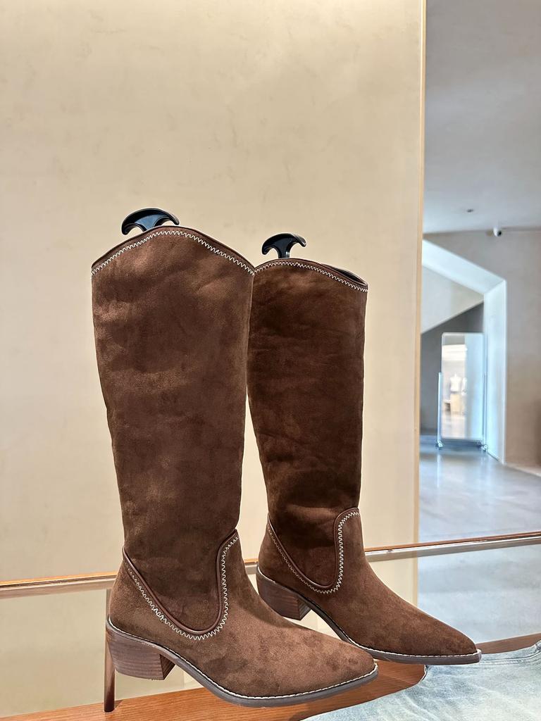 2025 European and American new fashionable metal pointed matte leather high boots thick heel sleeve thin western denim