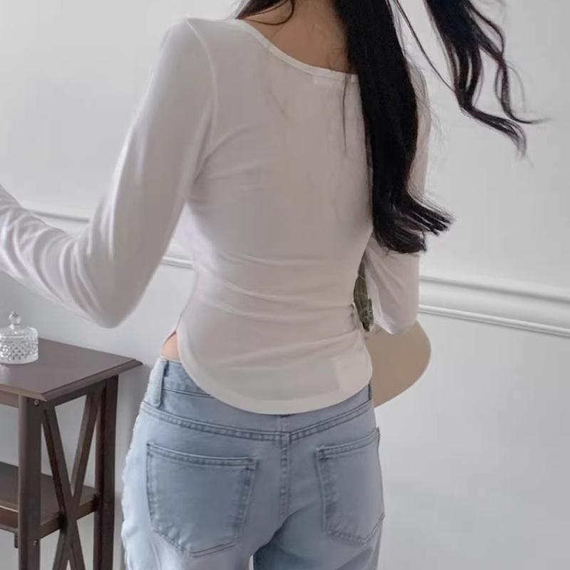 Fashion Long Sleeve Round Neck Casual T-shirt Women Elegant Spring and Winter Slim Fit Woman Tshirts Solid Base Thin Office Ladies Crop Tee Tops 26003