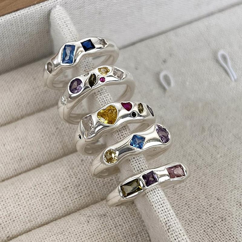 Irregular Texture Retro Inlay Colored Gemstone Silver Color Rings for Women Engaement Wedding Aesthetic Rings Jewelry Girls Gift