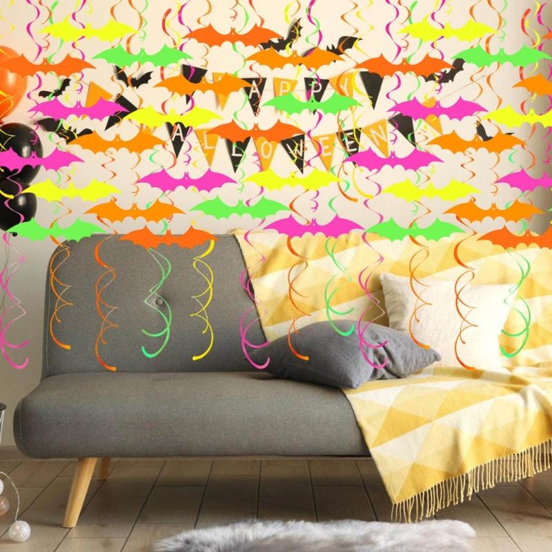 Fluorescent Halloween Bat Spirals Ornament Easy Hanging Party Supplies Recyclable Paper Materials Swirls Accessories