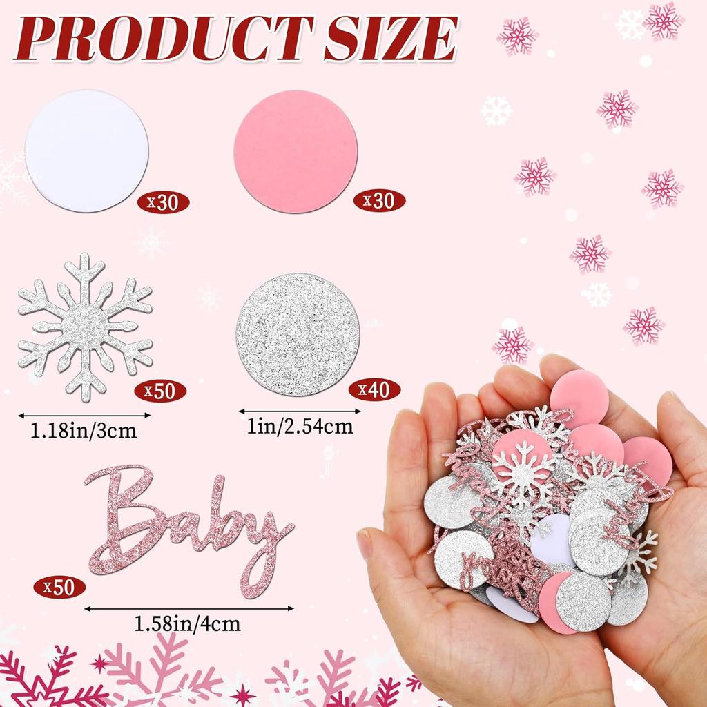 MARFOREVER Winter Baby Shower Table Confetti, 200 Pcs Glitter Pink Silver Snowflake Baby Confetti Table Decorations Winter Gender Reveal Sprinkle for