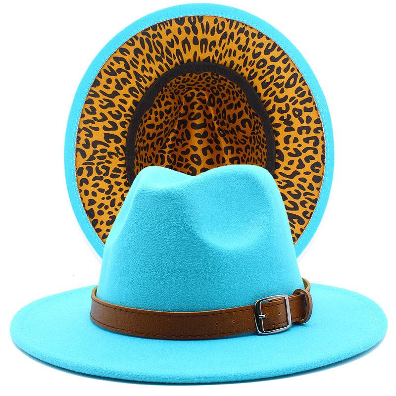 Autumn and winter new leopard print woolen top hat outdoor big edge warm felt hat belt British style jazz hat Wish