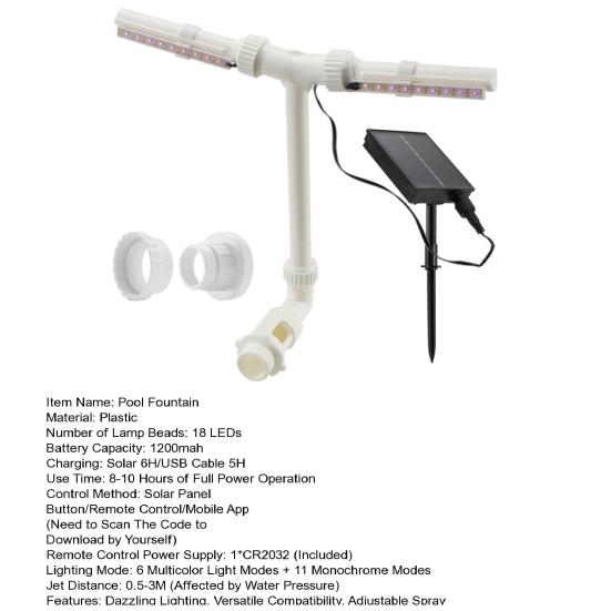 Solar Pool Fountain with RGB Color Changing Lights Adjustable Pool Sprinkler