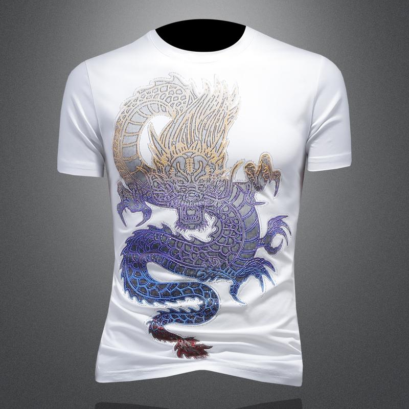 

Летняя модная мужская футболка из высококачественного хлопка с принтом дракона в китайском стиле, мужские повседневные облегающие футболки с коротким рукавом XXXL белый