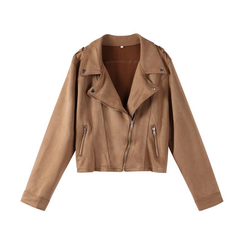 

Короткая куртка с застежкой-молнией, косая молния, топ из тонкого бархата из оленьей кожи, женское облегающее пальто с длинными рукавами, повседневная новая мода, осень M хаки