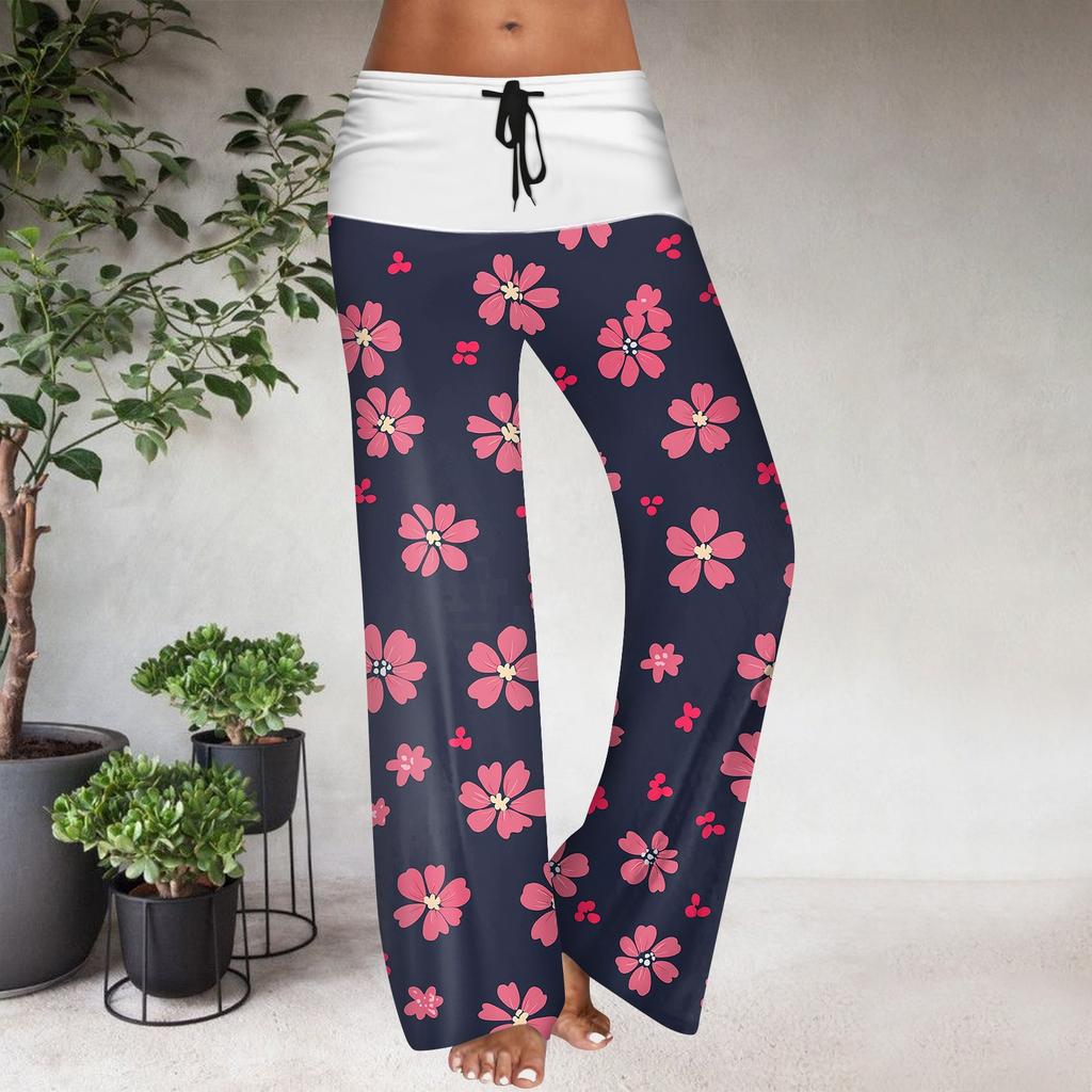 Women's Drawstring Elastic Waistband Wide Leg Color Matching Floral Printed Casual Pants