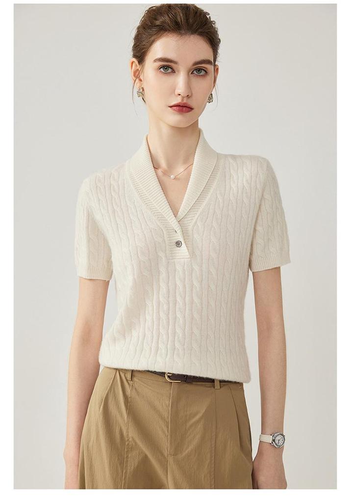 Kochi Women's V-Neck Plaid Knit Short-Sleeve Top - 2026 Summer Collection, High-End Casual Style with Lapel