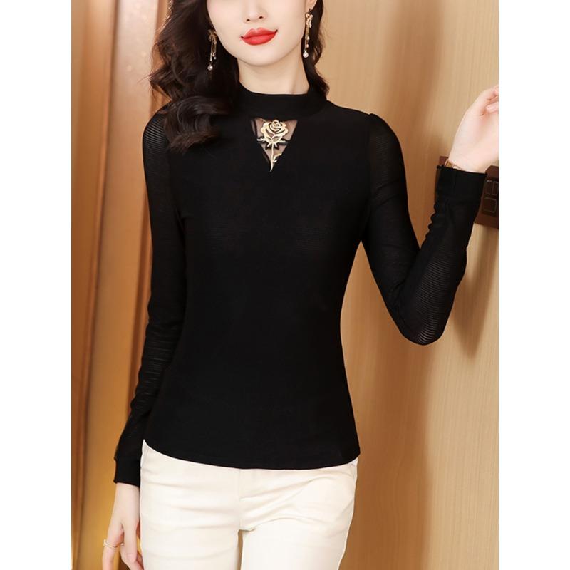 Fashionable Black Women's Long-sleeved T-shirt Base Shirt for Women's Autumn New Mesh Half-high Neck Top