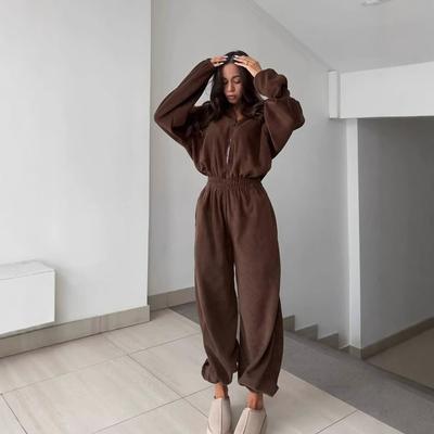 Macacão Feminino de Outono e Inverno Moda Feminina Manga Comprida Casual Feminino Meio Aberto Cintura Elástica Macacão Peça Única