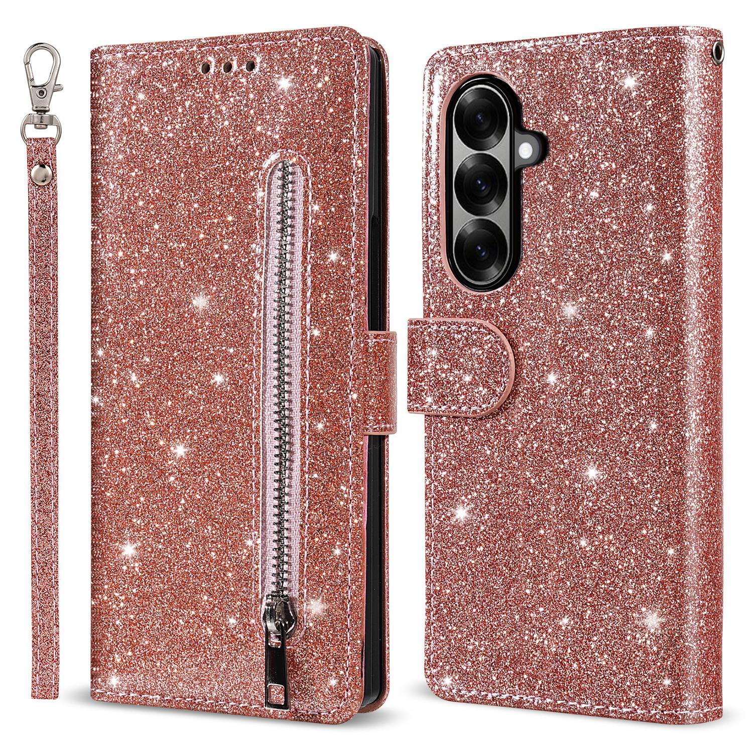 

For Samsung Galaxy Z Fold7 5G PU+PC Stand Case Glitter Phone Leather Cover Zipper Pocket with Strap Rose Gold