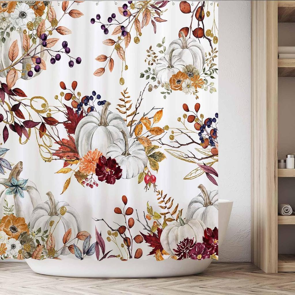 Funnytree 72"x72" Autumn Boho Pumpkins Watercolor Floral Leaves Rustic Fall Thanksgiving Harvest Farmhouse Shower Curtain for Bathroom Decor Machine