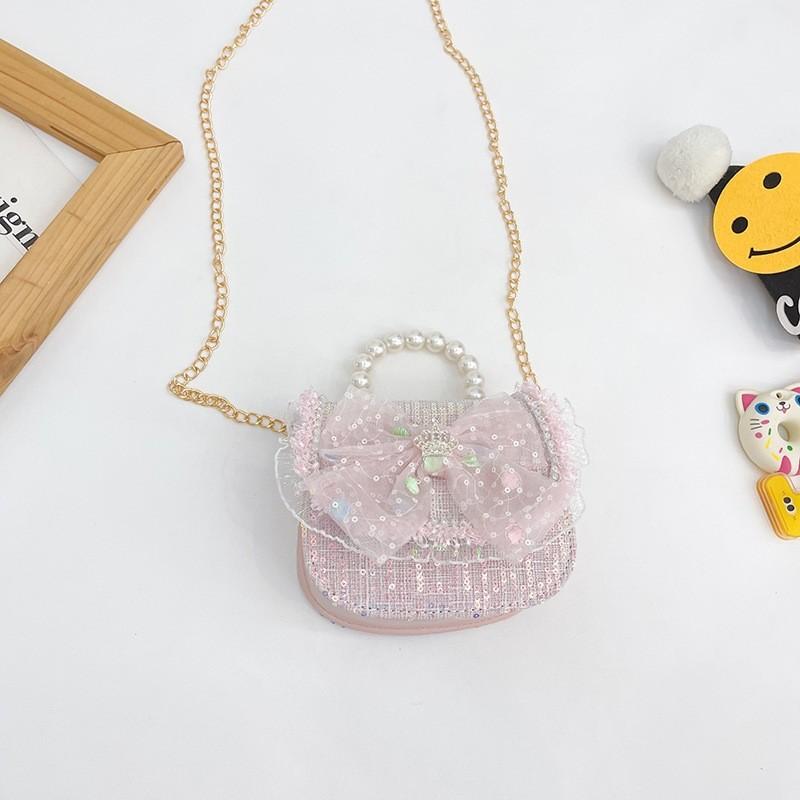 Childrens Canvas Bag With Artificial Pearl Handle And Butterfly Cartoon Pattern For Daily Use