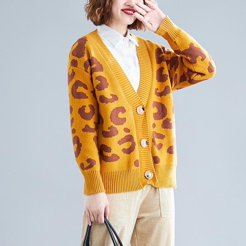 Leopard Print V-Neck Loose Knit Cardigan for Women - Autumn/Winter Korean Style