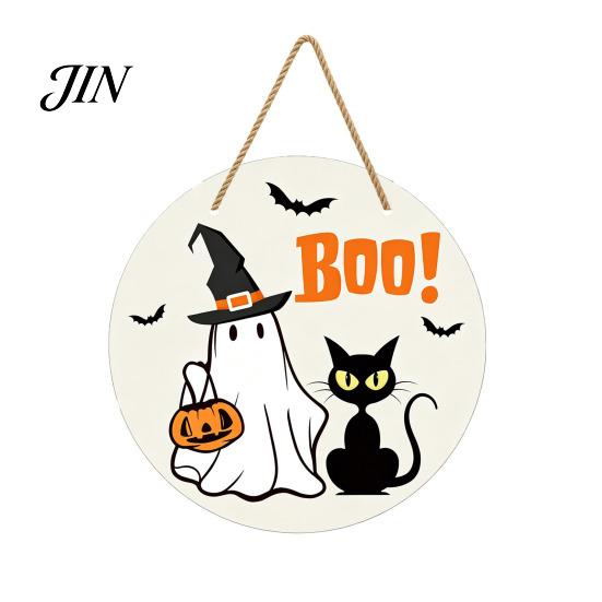 Halloween Door Sign Hanging Sign, Wooden Front Hanger Wreath, Cute Holiday Decoration Ghost Welcome for Porch Wall Indoor Home Durable