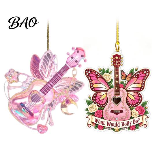 Creative Hanging Guitar Ornaments Pink Butterfly Ornament, Acrylic Music Decor with Rose Artistic Baubles And Quote, Christmas Tree Pendant,