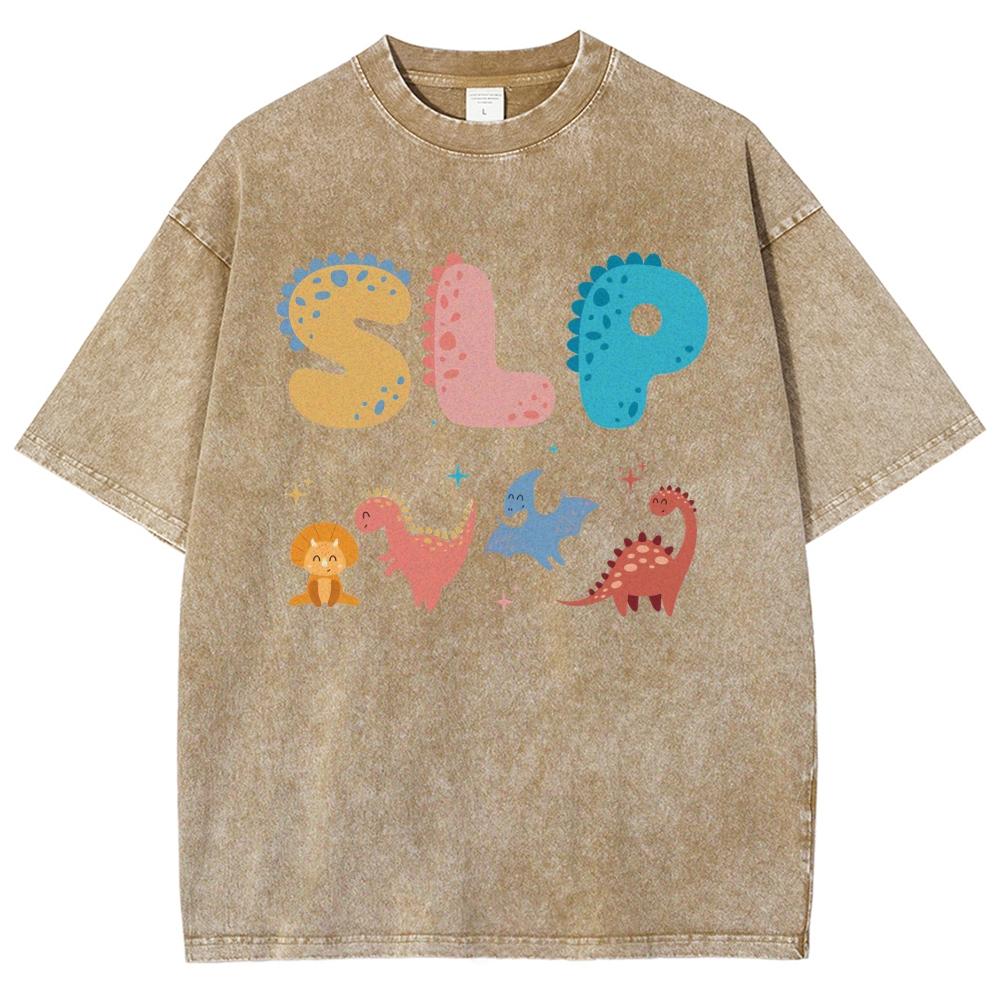 Cute Cartoon Dinosaur Letter Print Ladies T-Shirt Loose Wash Oversized Short Sleeve Fashion Retro Style Top