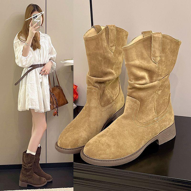 Women's Retro 8cm Height-Boost Mid-Calf Martin Boots - Slim Fit, Pleated Design, Versatile for Autumn/Winter