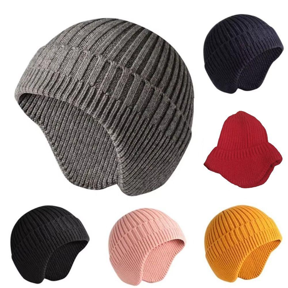 Solid Color Knitted Earmuff Hat Windproof Warm Beanie Hat Trendy Winter Earmuff Cap Unisex