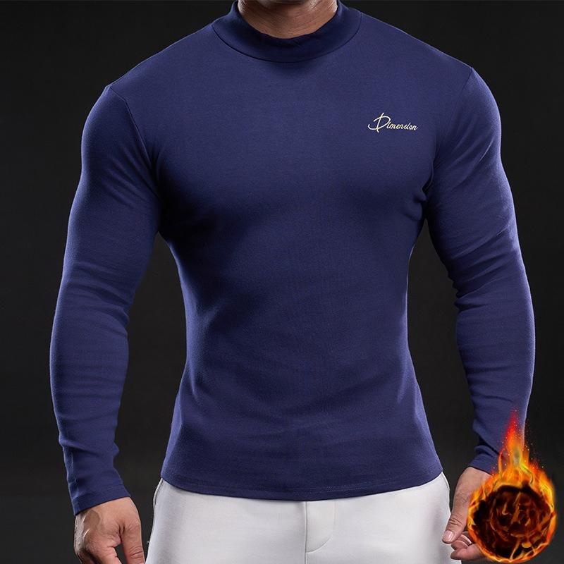 Men's Autumn and Winter Velvet Warm Solid Color Long-sleeved T-shirt Knitted Base Shirt Slim Half-high Neck Top