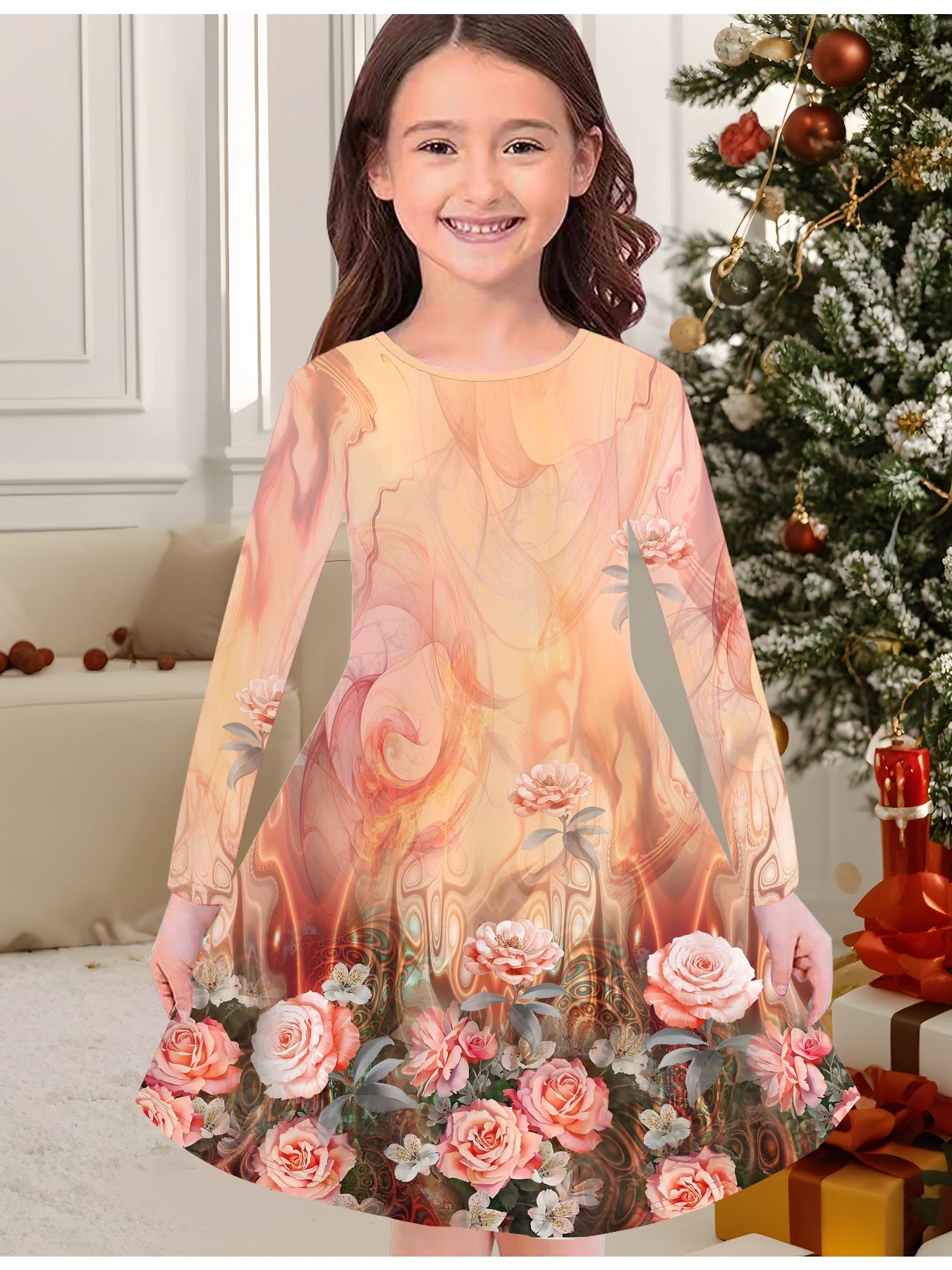 

Модное осенне-зимнее платье для девочек, 3D красивый цветочный принт, круглый вырез, длинное детское платье-футболка, повседневное, универсальное, рождественская одежда 170 оранжевый