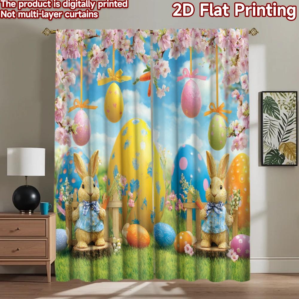 2D flat printing 2pcs Scene Curtain Easter Bunny Eggs Spring Garden Digital Printed Polyester Drapes Party Decorations Use for