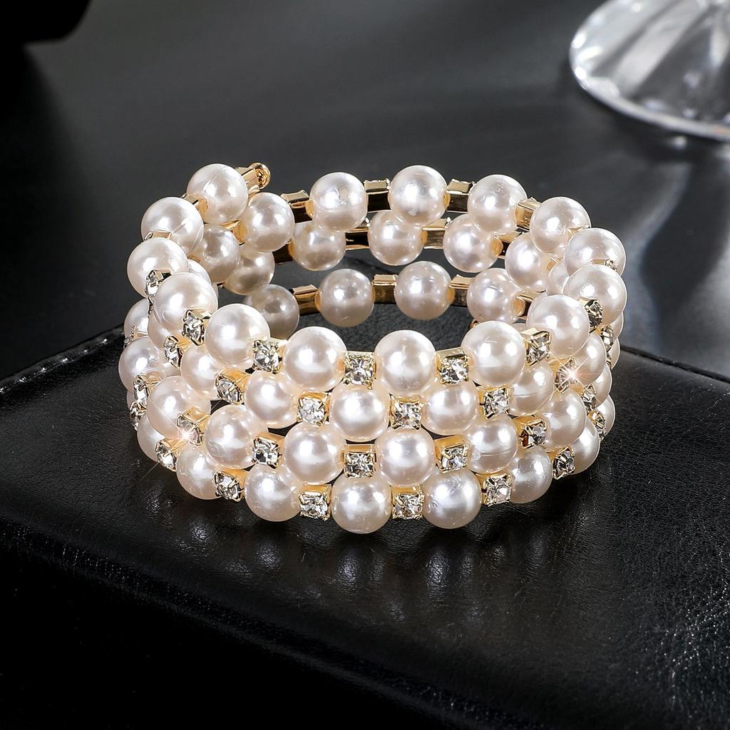 Multi-layer 8mm Pearl Rhinestone Bracelet, Bridal Full Diamond Elastic Bracelet Open Wound Diamond Bracelet