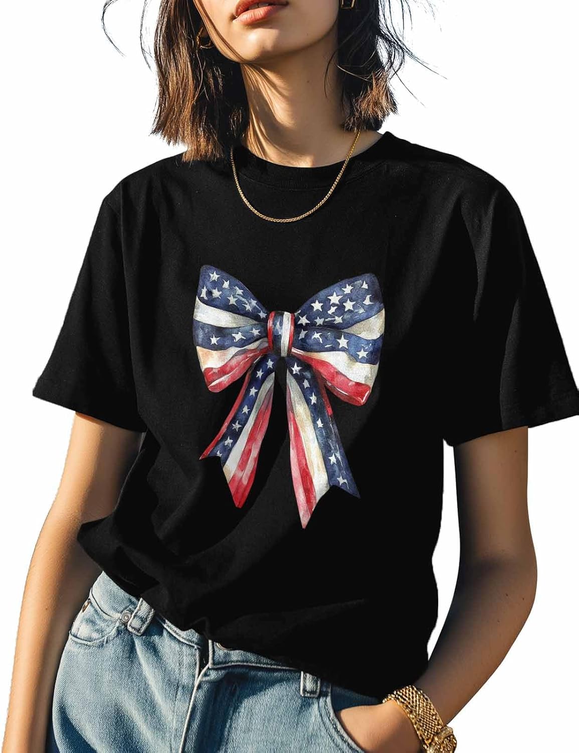 

T Shirts for Women Graphic Tees Bow Crew Neck Short Sleeve Shirts for Women Patriotic Flag Casual T-Shirt 5XL різнокольоровий