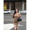 Sexy One-word Collar Long-sleeved Dress Women's Autumn and Winter Clothing Pure Desire Pleated Bottom Hip Skirt Slim-fitting Off-the-shoulder Short Sk