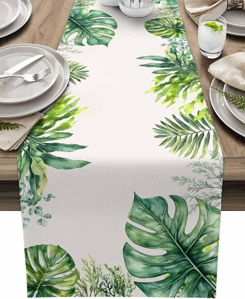 Summer Palm Leaf Linen Table Runner Holiday Party Decor Reusable Farmhouse Kitchen Dining Table Runner Wedding Decorations