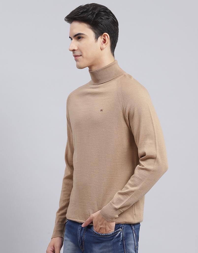 MONTE CARLO Mens Solid Camel Brown High Neck Full Sleeve Pullover
