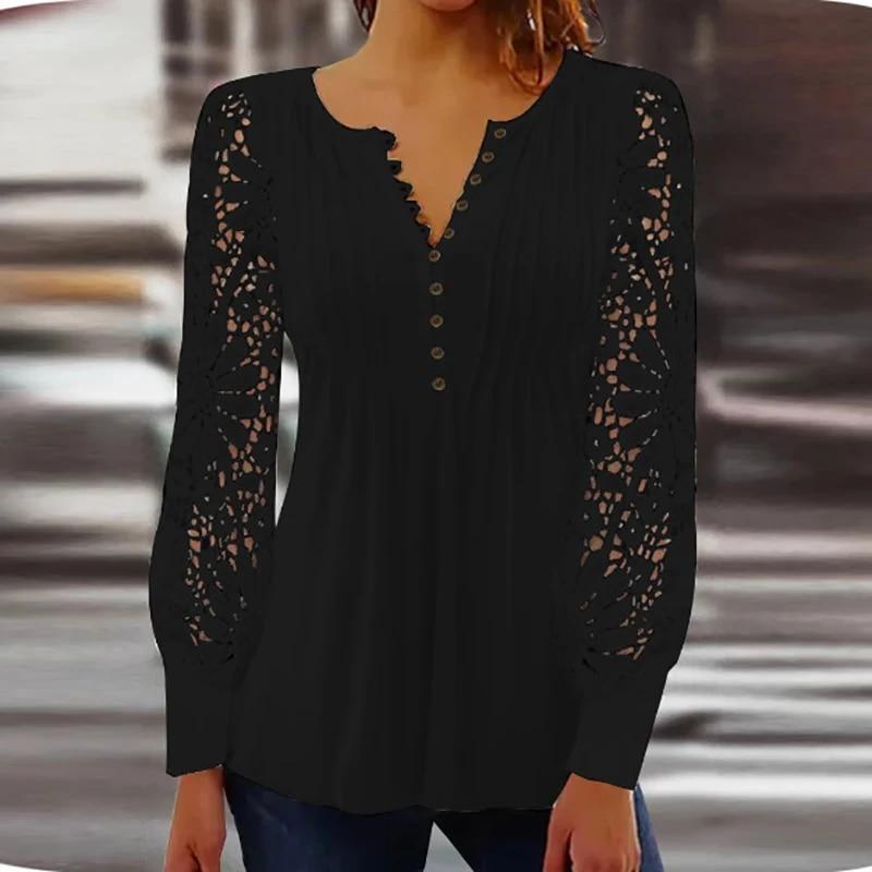 

Винтажная кружевная рубашка, женские осенние однотонные топы с длинными рукавами, женские повседневные футболки, модная свободная футболка, сексуальный пуловер 2022 4XL