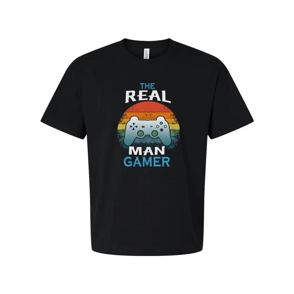 Unisex The Real Man Gamer Graphic T Shirt With Retro Rainbow Sunset And Controll